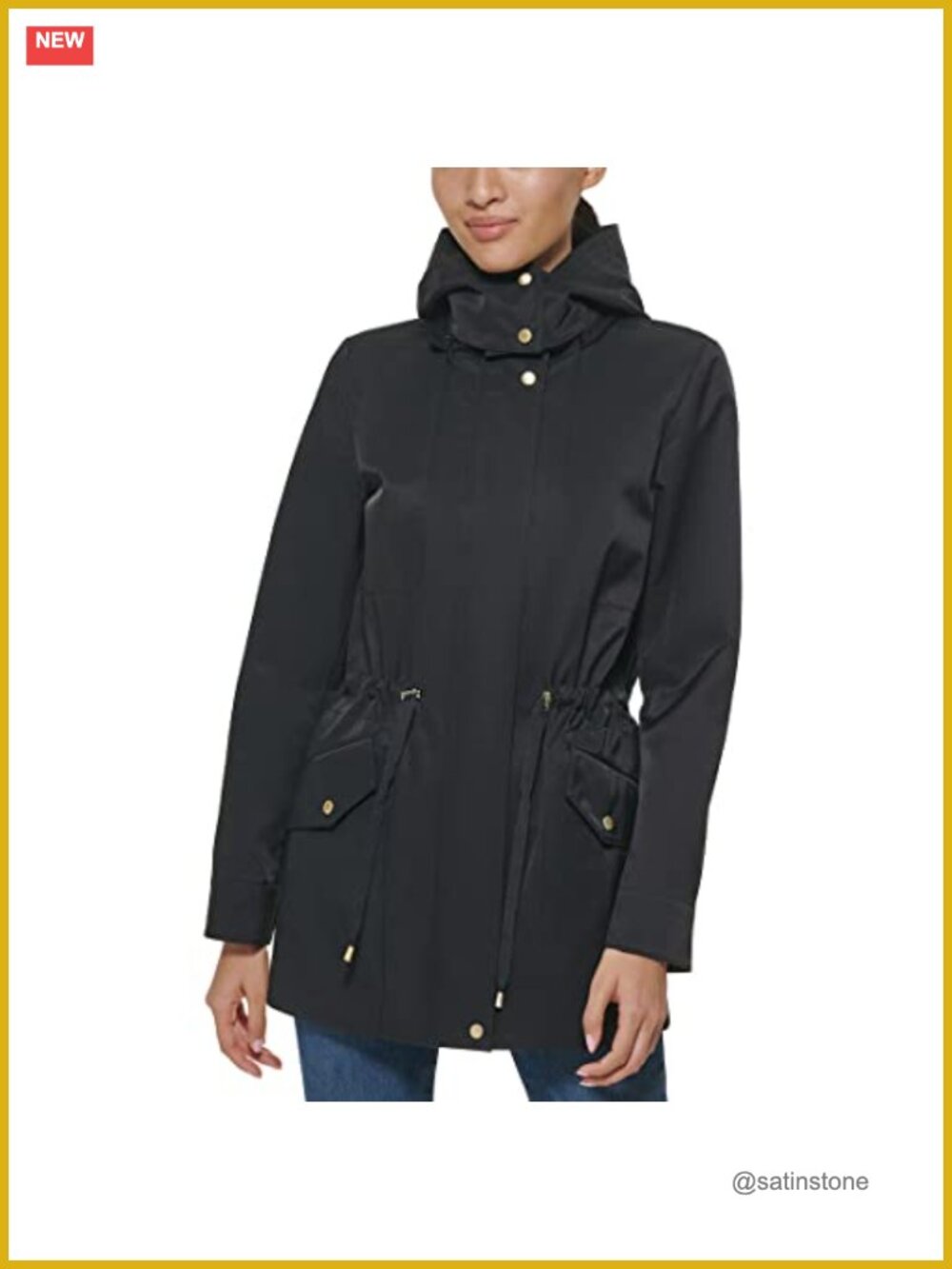 Cole Haan Women's Adjustable Rain Coat Hooded Water Resistant Straight Fit Long